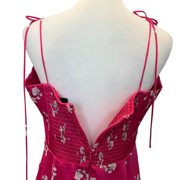 BARDOT Amika Floral Satin Midi Dress Side Slit Sweetheart Ties Hot Pink 10 NWT - Picture 8 of 13